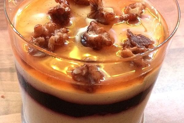 Bourbon Vanilla Cream with Blueberry Purée and Candied Walnuts