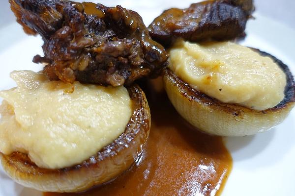 Braised Slices Of Beef Neck with Slowly Caramelized Onions and Beet Puree