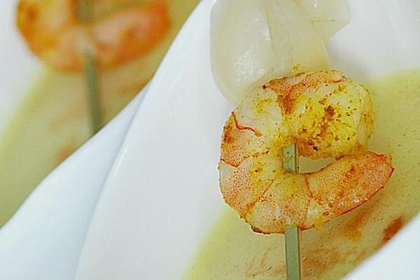 Cappuccino Made Of Curry and Lemongrass with Gambaretti Skewer