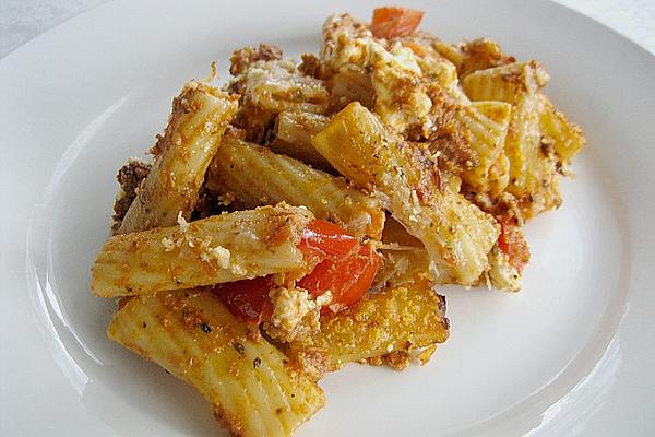 Casserole with Olives, Tomatoes, Pesto and Feta Cheese