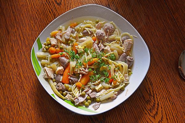 Chicken Soup with Noodles, Asparagus, Meatballs and Egg Custard