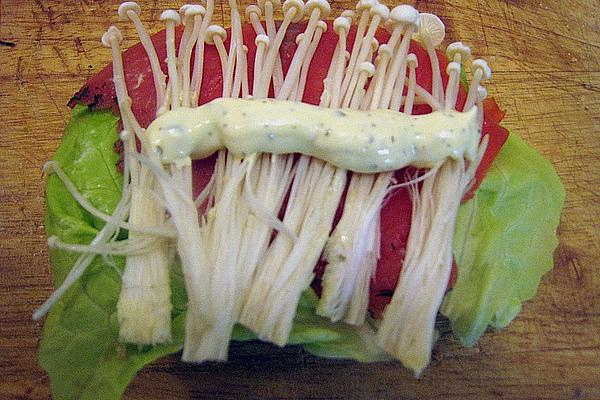 Ciabatta with Gravlax and Enoki Mushrooms