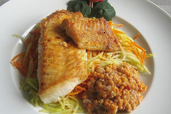 Cod Fillet on Carrots – Kohlrabi – Julienne with Red Lentils