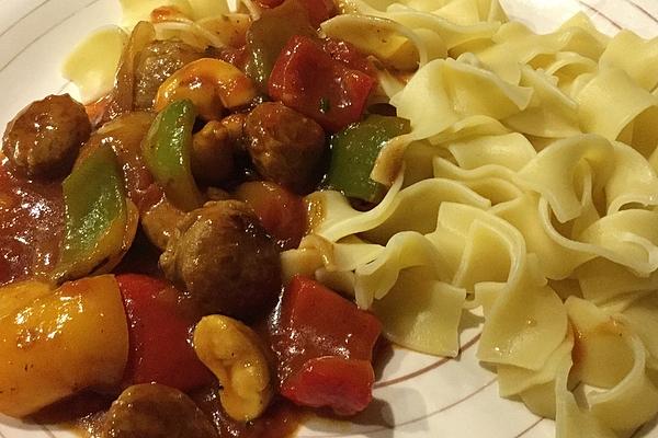 Colorful Bratwurst Goulash with Mushrooms