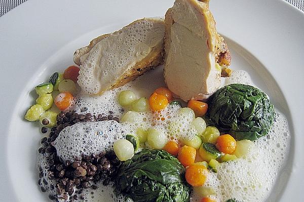 Corn Chicken Breast with Vegetable Pearls, Spinach and Beluga Lentils in Champagne Foam