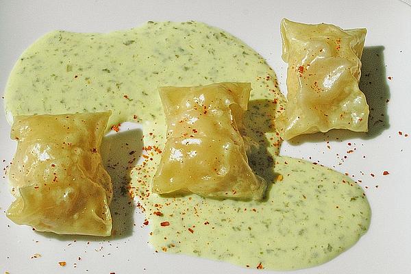 Crayfish Wontons on Sorrel Cream