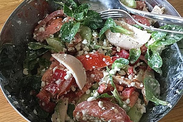 Cucumber Salad with Grainy Cream Cheese and Poultry Meat