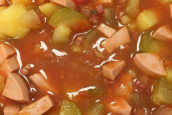 Cucumber Soup with Tomatoes and Meat Sausage