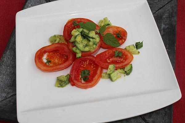 Cucumber Tartare on Tomato Carpaccio