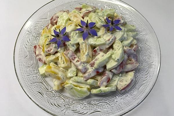 Cucumber, Tomato and Bell Pepper Salad with Sour Cream Dressing