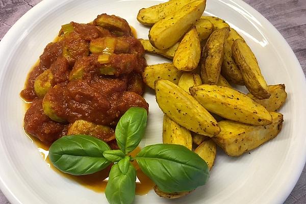 Currywurst Goulash with Fine Bratwurst and Paprika-potato Wedges