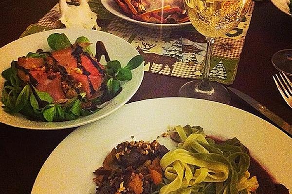 Deer Medallions in Hazelnut Crust with Tagliatelle on Red Wine and Forest Mushroom Sauce