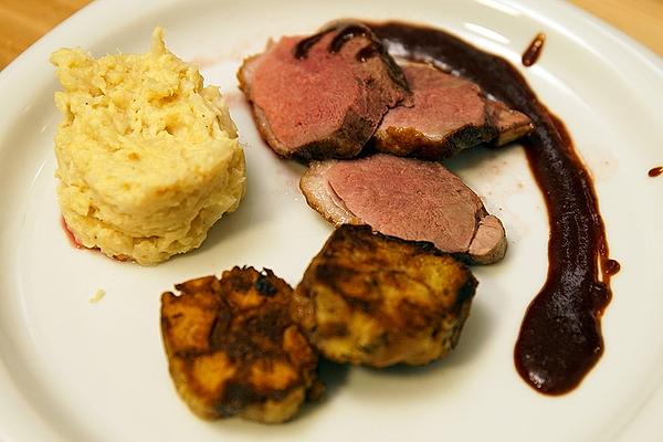 Duck Breast, Dumpling with Sauce, Cauliflower