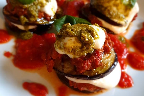 Eggplant and Buffalo Mozzarella Lasagna on Tomato and Basil Pesto