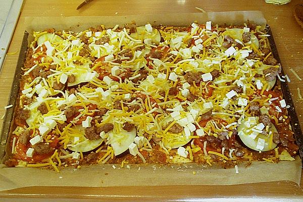 Eggplant – Pizza with Minced Lamb and Feta Cheese
