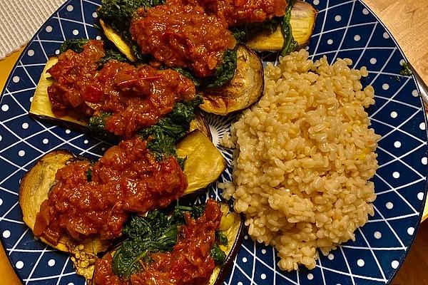 Eggplants with Spinach Leaves and Tomato Sauce
