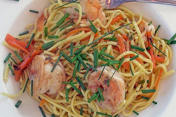 Fine Ribbon Noodles with Fried Prawns in Lemon Butter Sauce