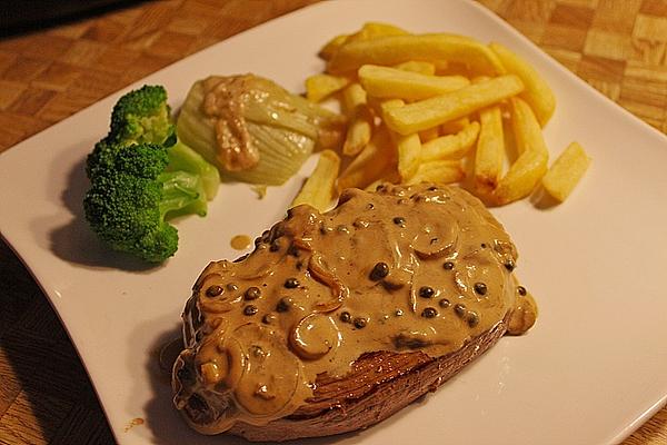 Flambéed Rump Steaks with Peppercorns