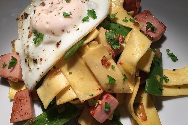 Fleckerl Pan with Beans, Meat Loaf and Egg