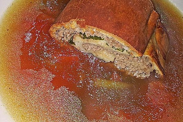 Fresh Minced Meat Strudel in Beef Bouillon