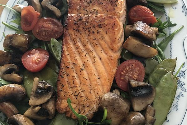 Fried Catfish Fillet on Snow Peas, Rocket and Mushrooms