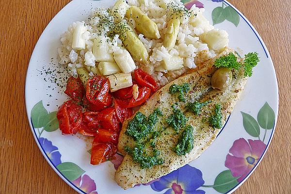 Fried Pikeperch Fillet on Asparagus Risotto with Parsley Pesto