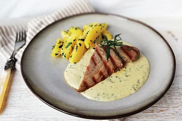 Fried Tuna Steaks on Tarragon Mustard Sauce