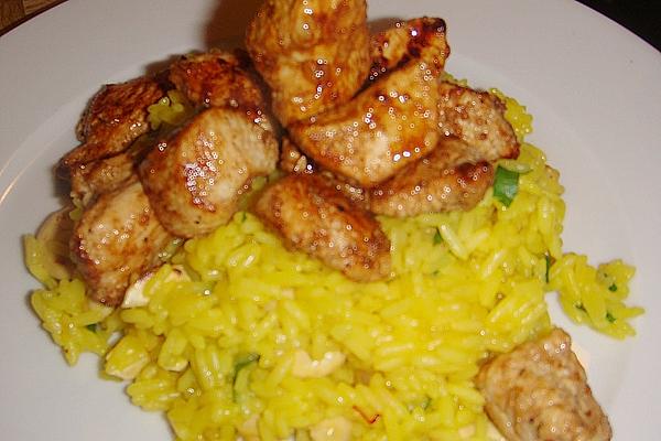 Fried Turkey Cubes on Saffron – Cashew Rice