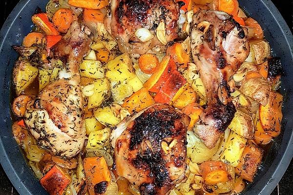 Garlic-lemon Chicken Drumsticks on Bed Of Vegetables