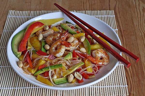Glass Noodle Salad with Mango, Bell Pepper, Avocado and Shrimp