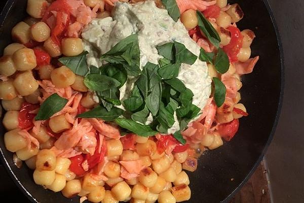 Gnocchi with Smoked Salmon and Avocado-lemon Pesto