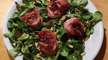 Lamb`s Lettuce with Serrano Ham, Raspberries and Pine Nuts