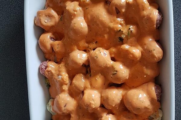 Gratinated Sausage Balls with Cauliflower and Broccoli