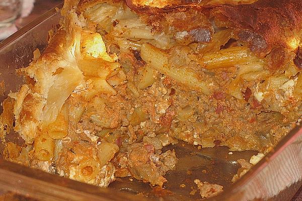 Greek Pasta Casserole with Minced Meat and Puff Pastry