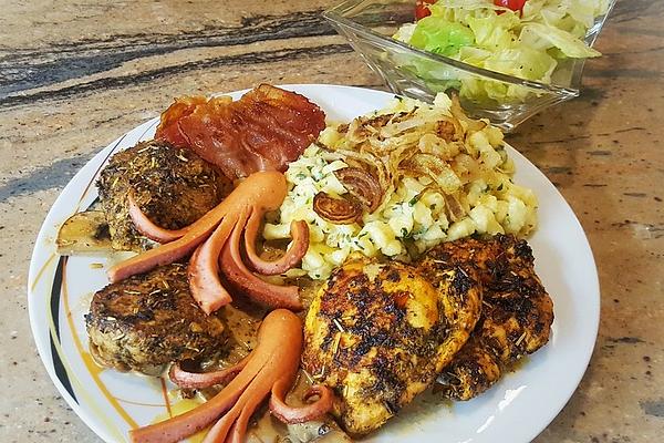 Grill Plate with Cheese Spaetzle and Mushroom Sauce