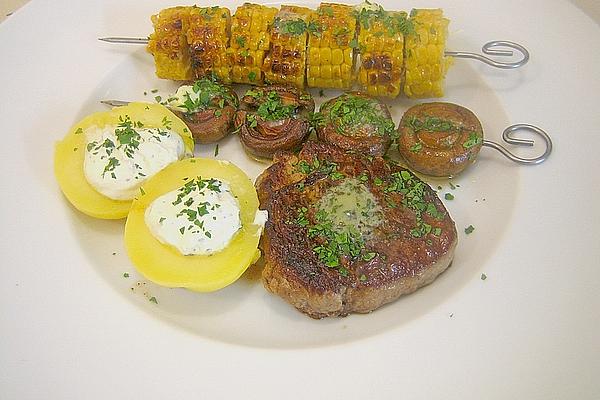 Grilled Corn on Cob and Mushroom Skewers