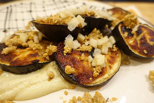 Grilled Eggplant on Tahini Mayonnaise with Dukkah and Fermented Kohlrabi