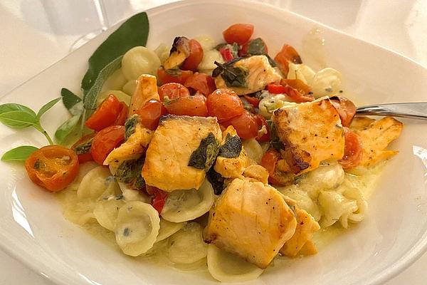 Grilled Salmon on Ribbon Noodles with Gorgonzola Sauce