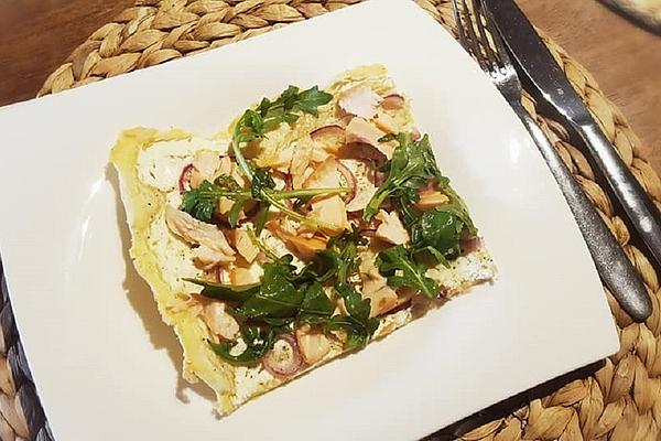 Homemade Tarte Flambée with Stremel Salmon and Rocket