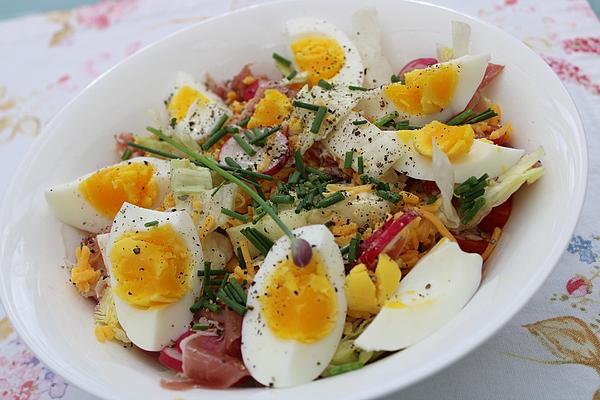 Iceberg Lettuce with Cucumber, Ham, Cheese and Egg on Yogurt Garlic Dressing