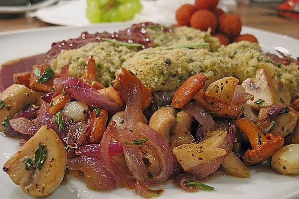 Lamb Steak Under Herb Crust in Barolo 4 Pepper Jus on Mushroom Beans