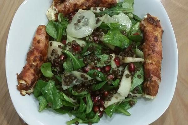 Lentil Lamb`s Lettuce with Pomegranate and Sheep`s Cheese Wrapped in Bacon