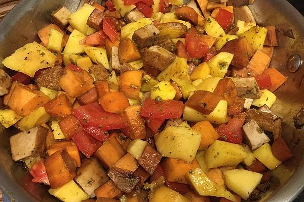 Mango, Sweet Potato and Smoked Tofu Pan