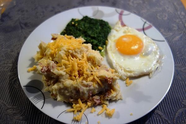 Mashed Potatoes with Bacon, Fried Onions and Cheddar Cheese