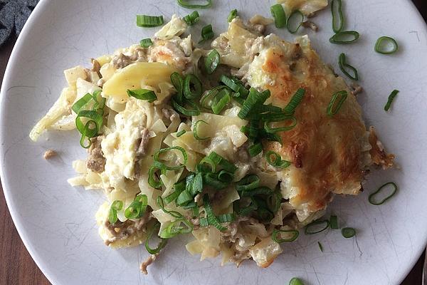 Minced Meat Casserole with Potatoes and Cabbage