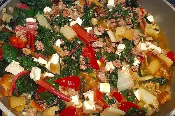 Minced Meat Pan with Swiss Chard and Feta Cheese