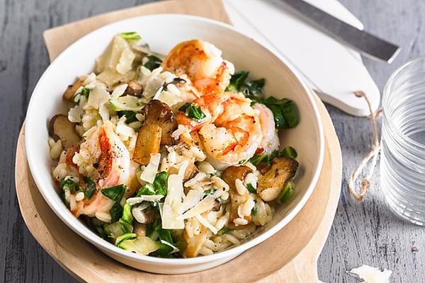Mushroom Risotto with Swiss Chard, King Oyster Mushrooms and Prawns