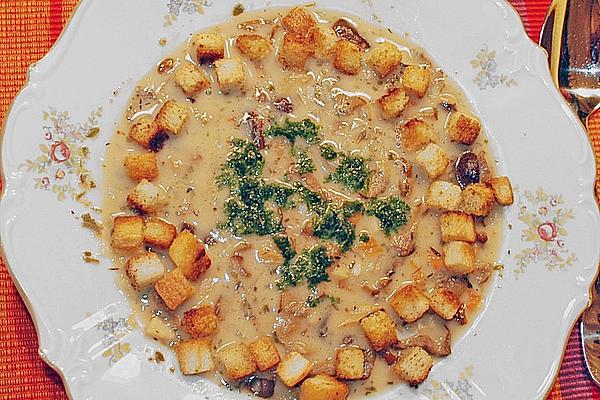 Mushroom Soup with Garlic Bread Cubes