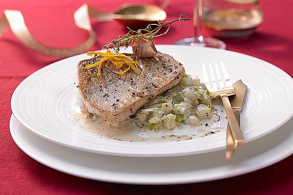 Orange Pikeperch Fried on Skin with Apple and Leek Vegetables