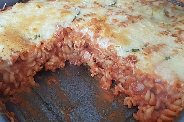 Pasta Casserole with Meat Sausage in Tomato Sauce